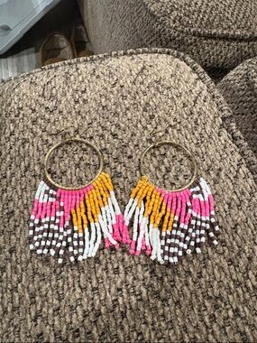 2 pair Handmade Beaded Fringe Hoop Earrings & Bunnies